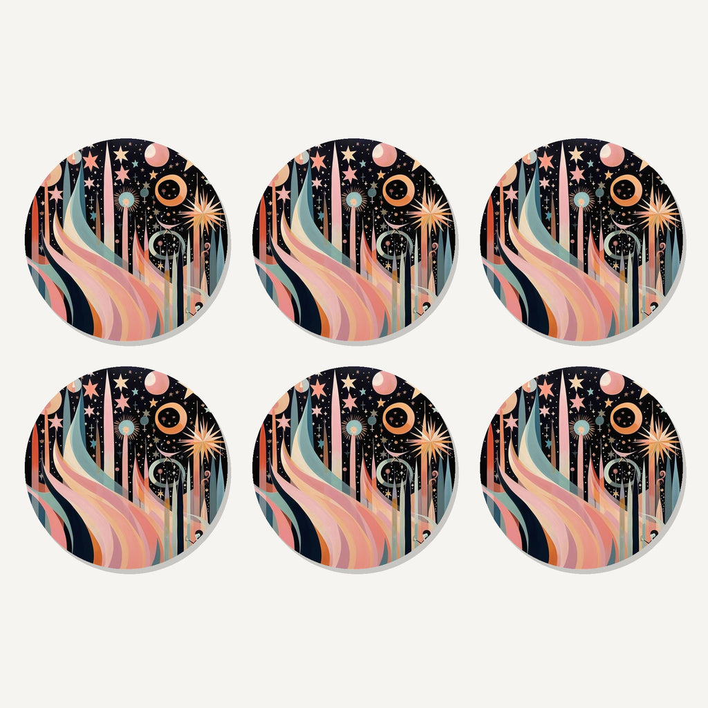 Flat lay of the boho celestial abstract artwork on six round coasters