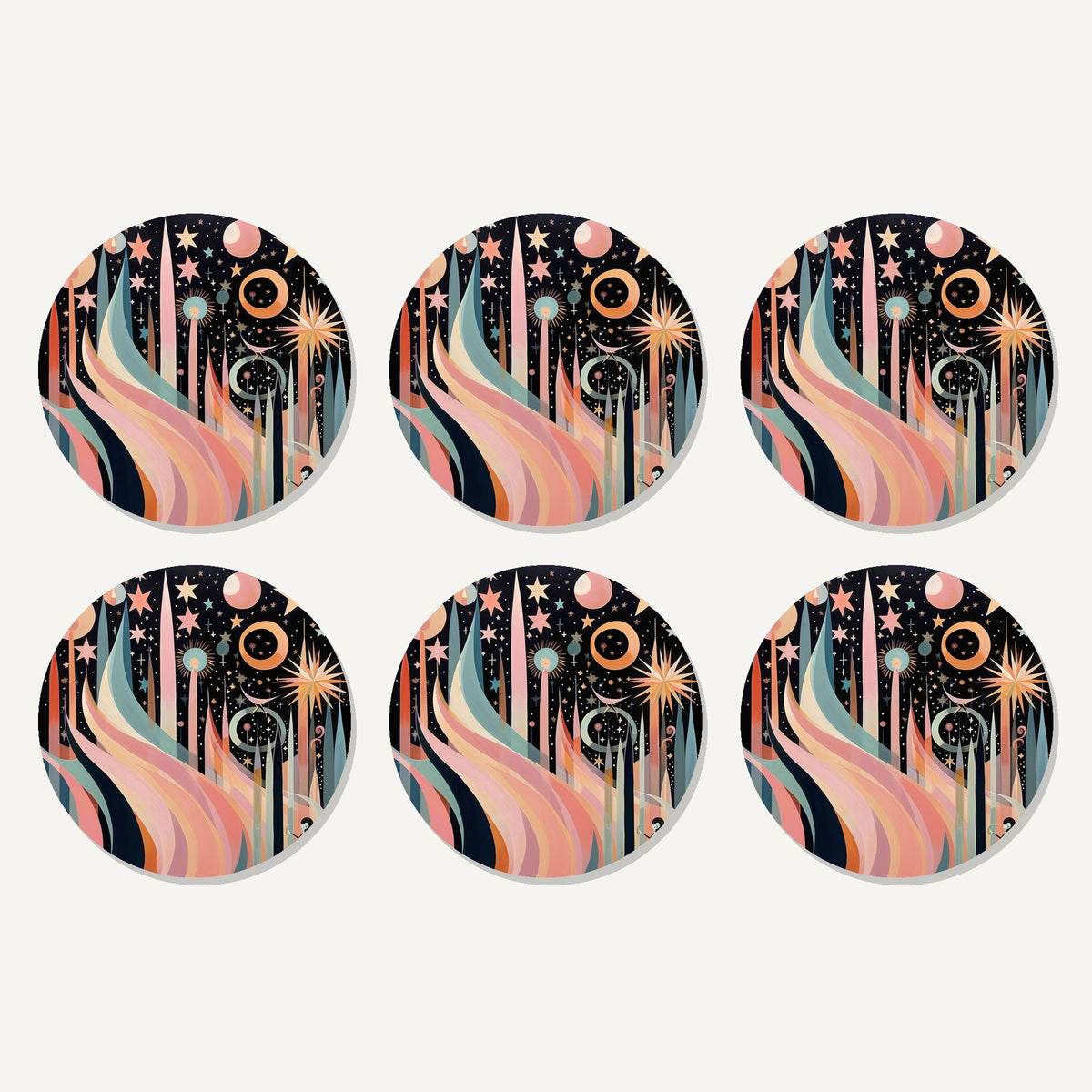 Flat lay of the boho celestial abstract artwork on six round coasters