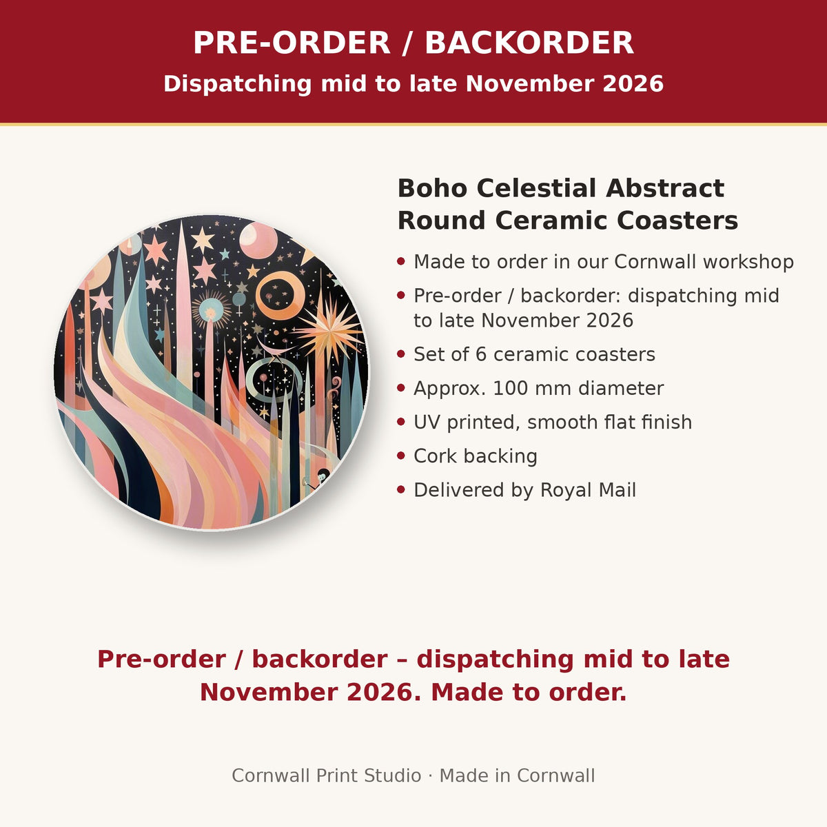 Info card: Boho Celestial Abstract Round Ceramic Coasters – Set of 6, made to order, dispatching mid to late November 2026, delivered by Royal Mail