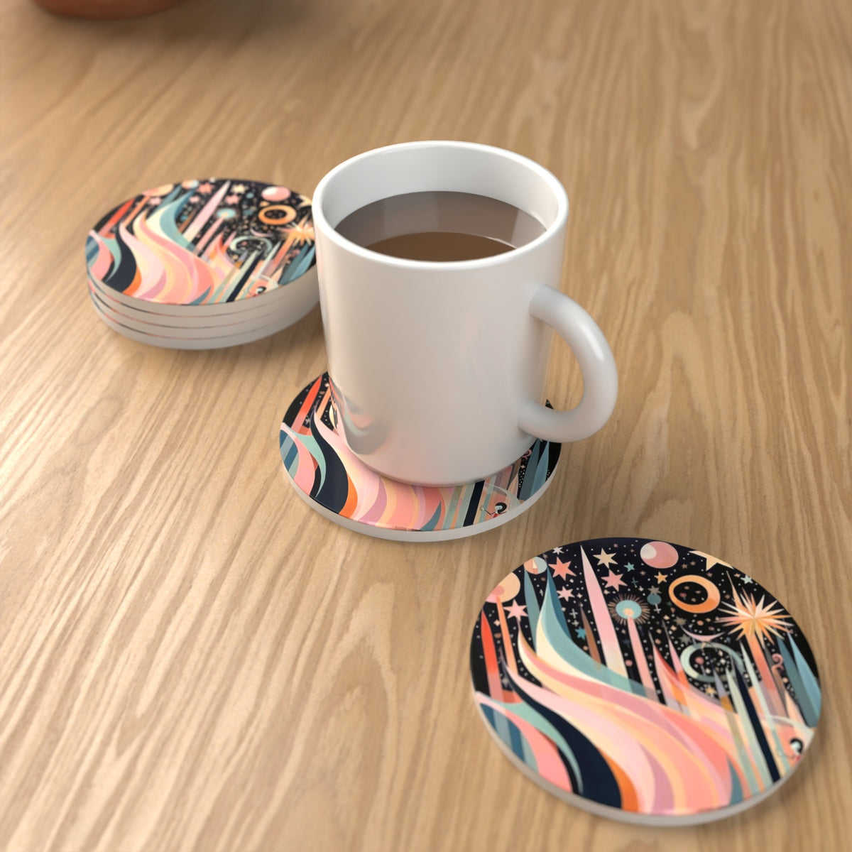 Boho Celestial Abstract Round Ceramic Coasters – Set of 6 – lifestyle mockup with a mug of coffee
