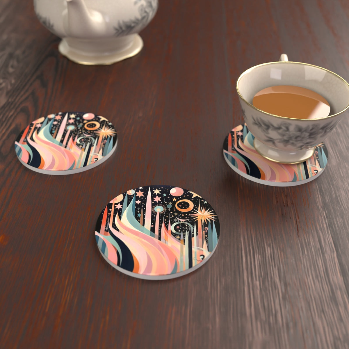 Boho Celestial Abstract Round Ceramic Coasters – Set of 6 – lifestyle mockup with a teacup