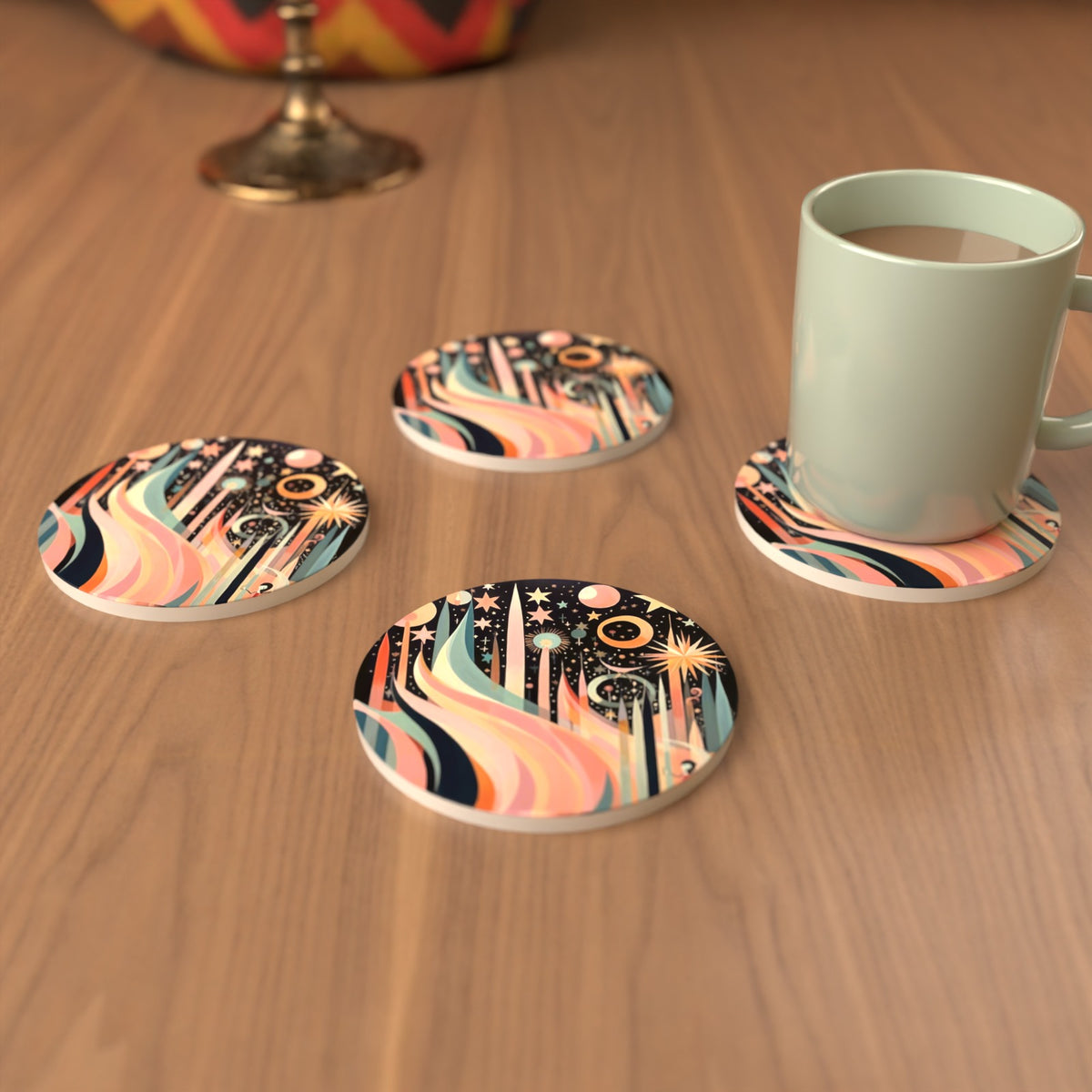 Boho Celestial Abstract Round Ceramic Coasters – Set of 6 – cosy lifestyle mockup