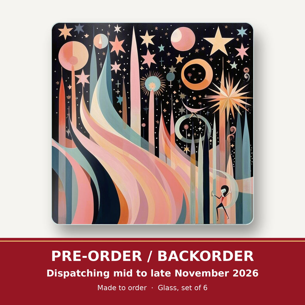 Boho Celestial Abstract square glass coaster set of 6 – pre-order / backorder, dispatching mid to late November 2026