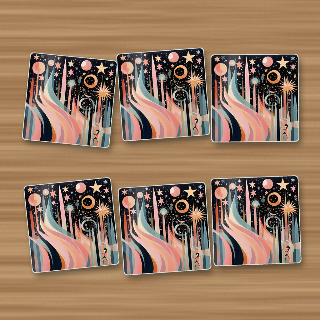 Boho Celestial Abstract square glass coasters, set of 6, on an oak coffee table