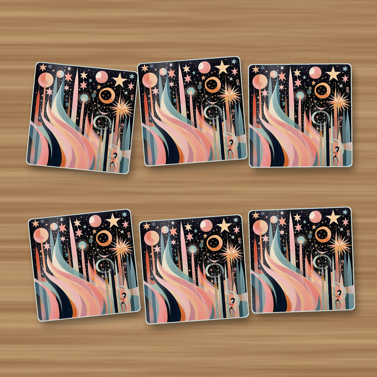 Boho Celestial Abstract square glass coasters, set of 6, on an oak coffee table
