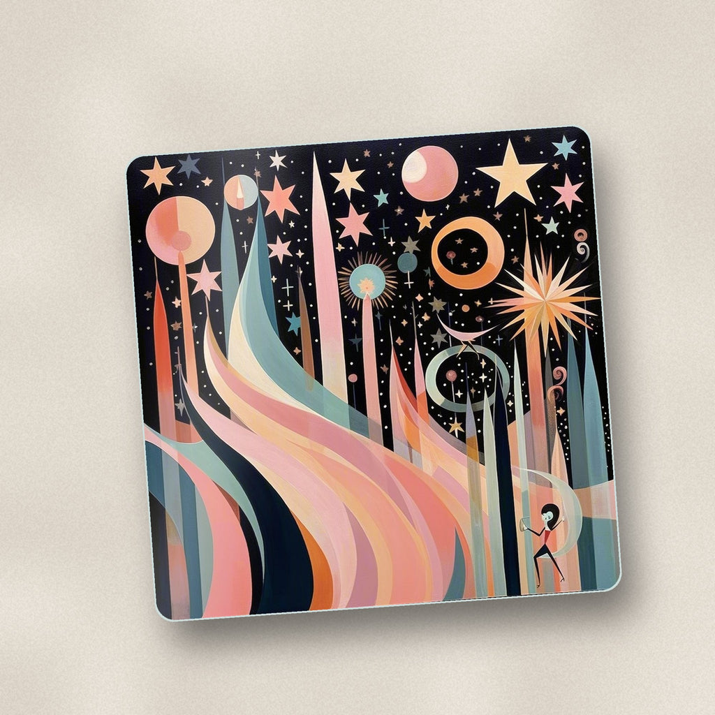 Close-up of one boho celestial abstract square glass coaster, flat UV print