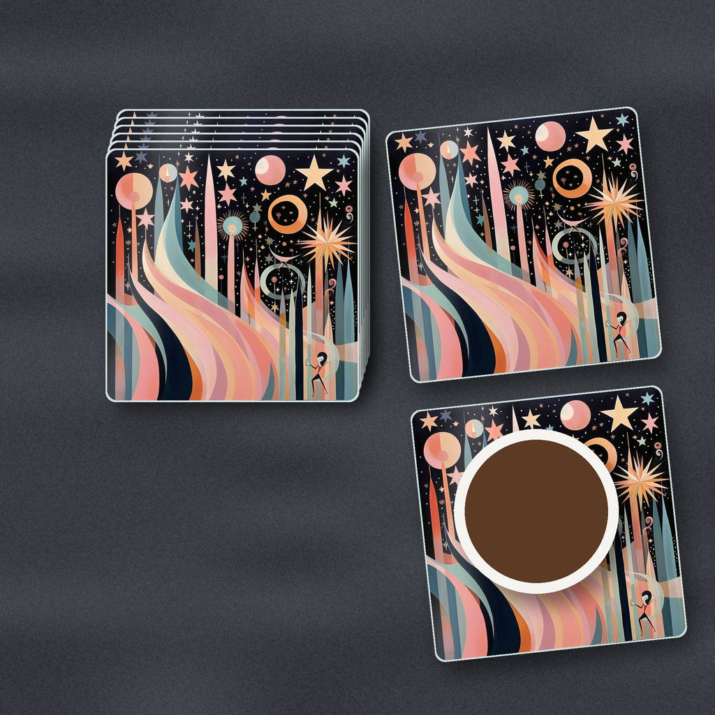 Boho Celestial Abstract square glass coasters stacked on a slate kitchen worktop