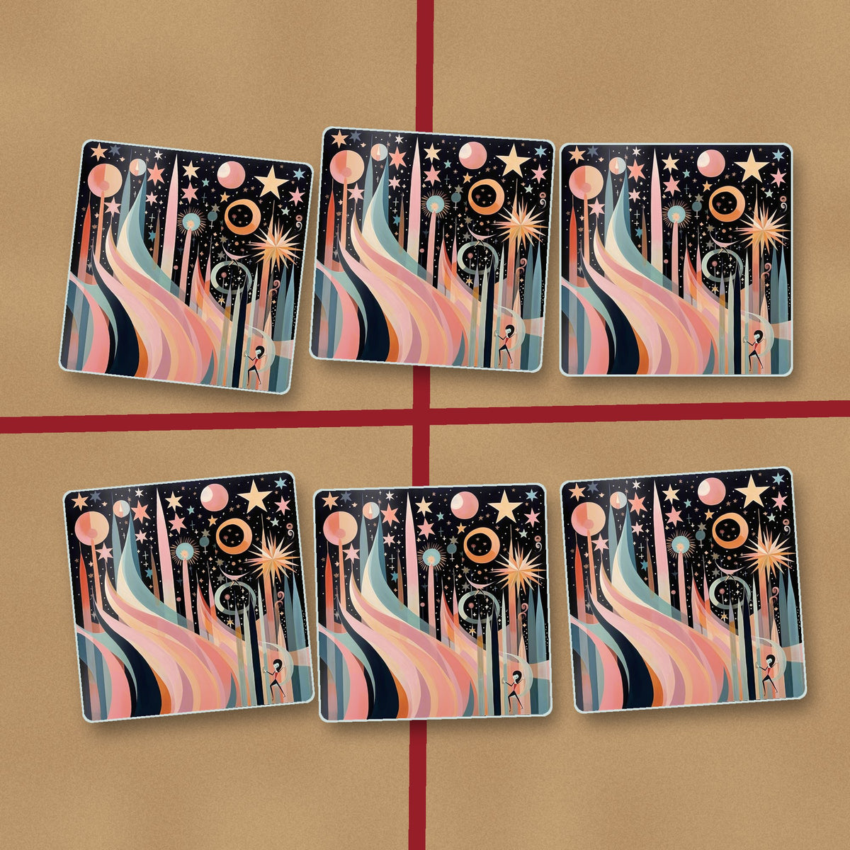 Boho Celestial Abstract square glass coasters on kraft gift wrap