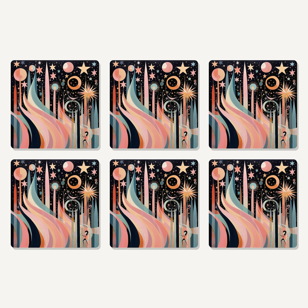 Flat lay of the boho celestial abstract artwork on six square coasters