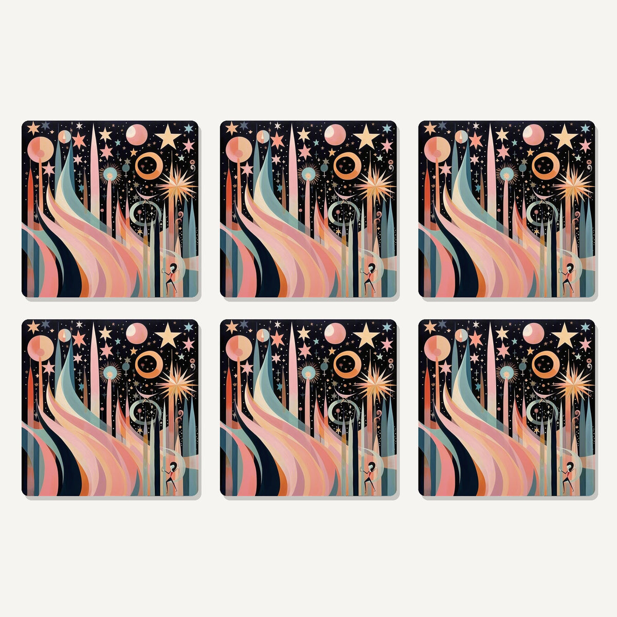 Flat lay of the boho celestial abstract artwork on six square coasters