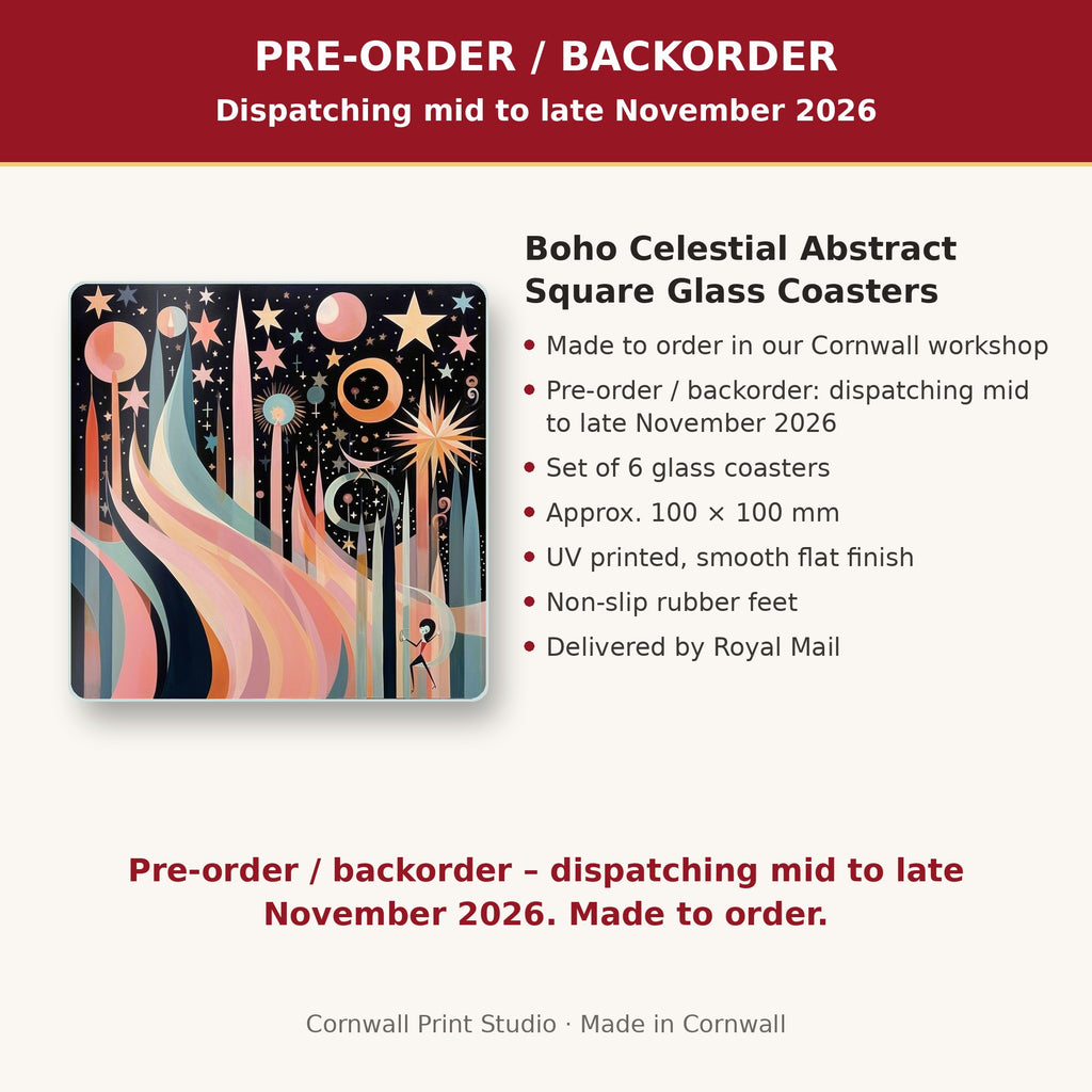Info card: Boho Celestial Abstract Square Glass Coasters – Set of 6, made to order, dispatching mid to late November 2026, delivered by Royal Mail