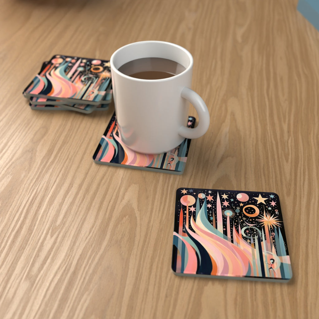 Boho Celestial Abstract Square Glass Coasters – Set of 6 – lifestyle mockup with a mug of coffee