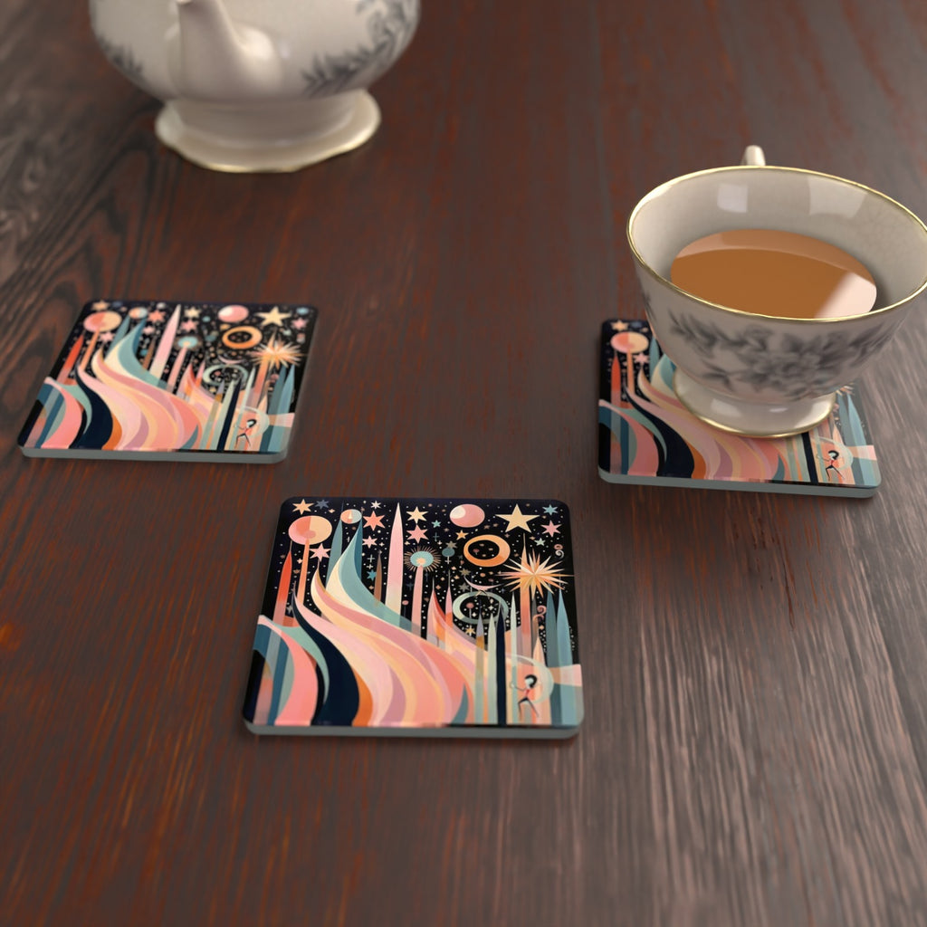 Boho Celestial Abstract Square Glass Coasters – Set of 6 – lifestyle mockup with a teacup
