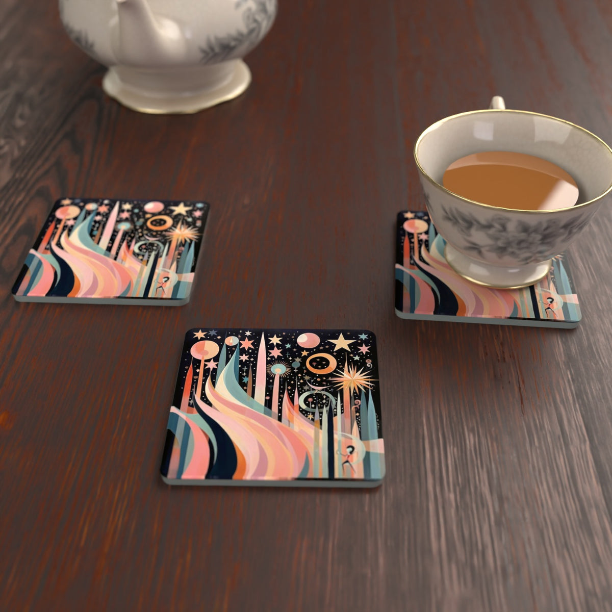 Boho Celestial Abstract Square Glass Coasters – Set of 6 – lifestyle mockup with a teacup