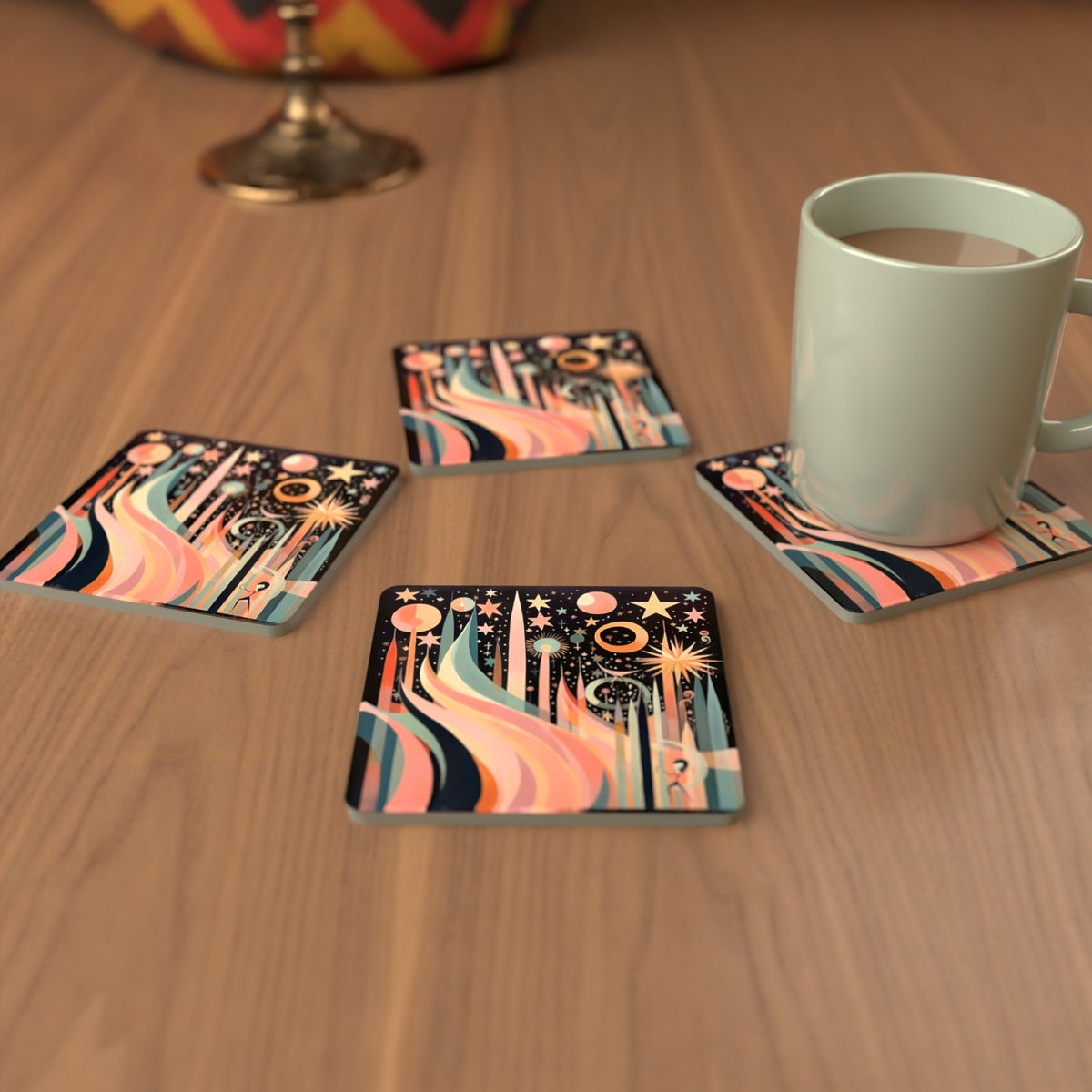 Boho Celestial Abstract Square Glass Coasters – Set of 6 – cosy lifestyle mockup