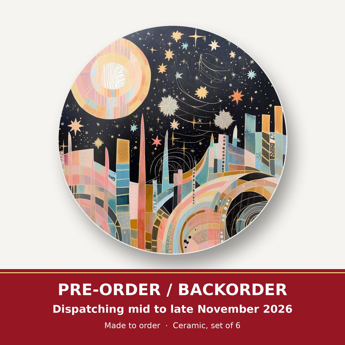 Celestial Pastel Skyline round ceramic coaster set of 6 – pre-order / backorder, dispatching mid to late November 2026