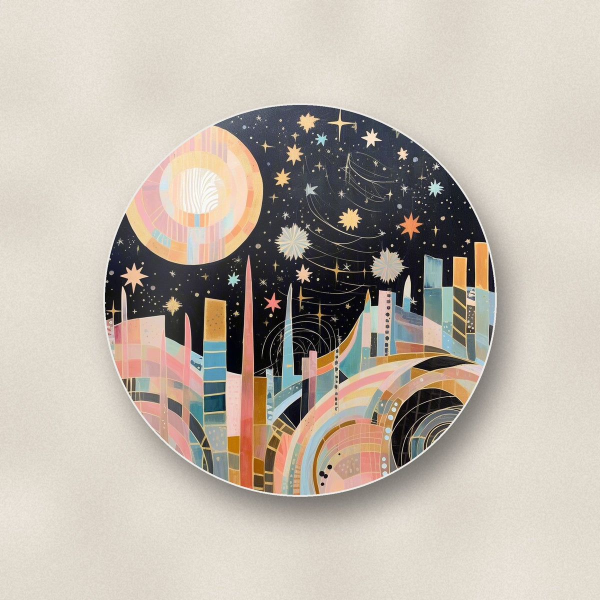 Close-up of one celestial pastel skyline round ceramic coaster, flat UV print