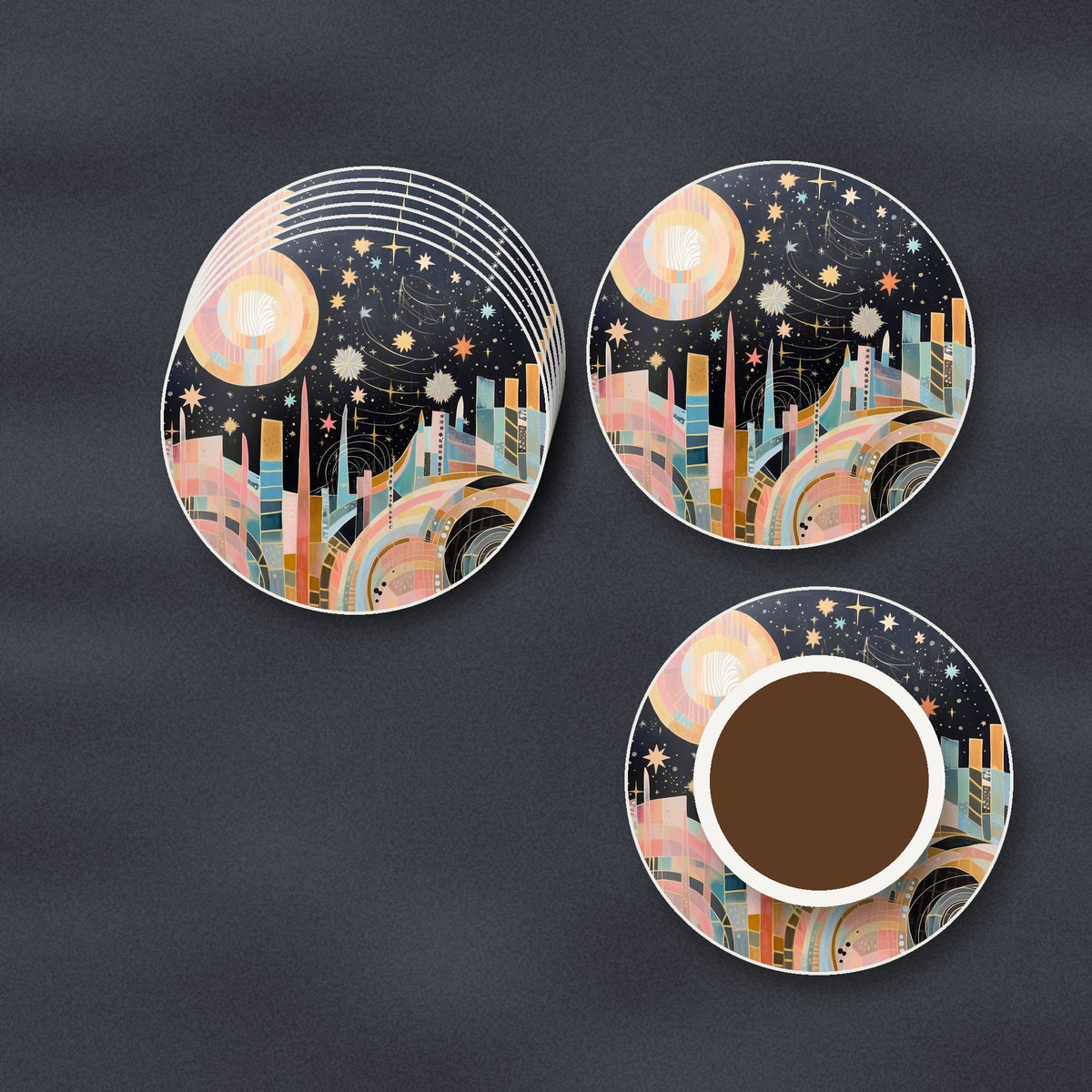 Celestial Pastel Skyline round ceramic coasters stacked on a slate kitchen worktop