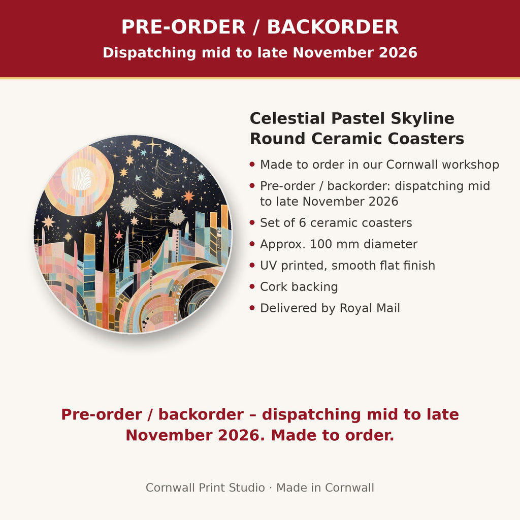 Info card: Celestial Pastel Skyline Round Ceramic Coasters – Set of 6, made to order, dispatching mid to late November 2026, delivered by Royal Mail