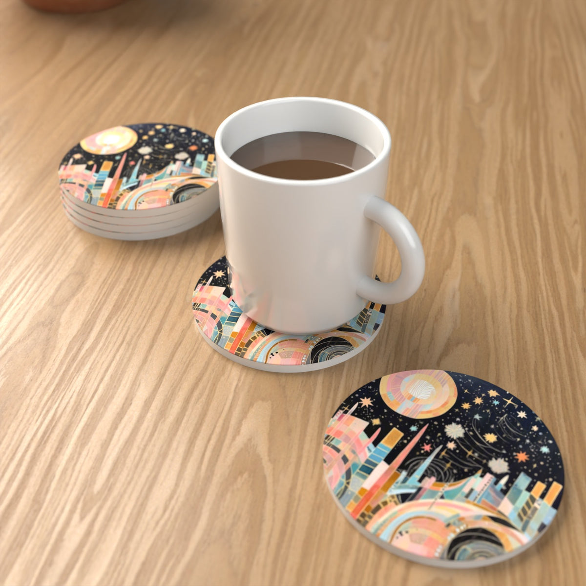 Celestial Pastel Skyline Round Ceramic Coasters – Set of 6 – lifestyle mockup with a mug of coffee