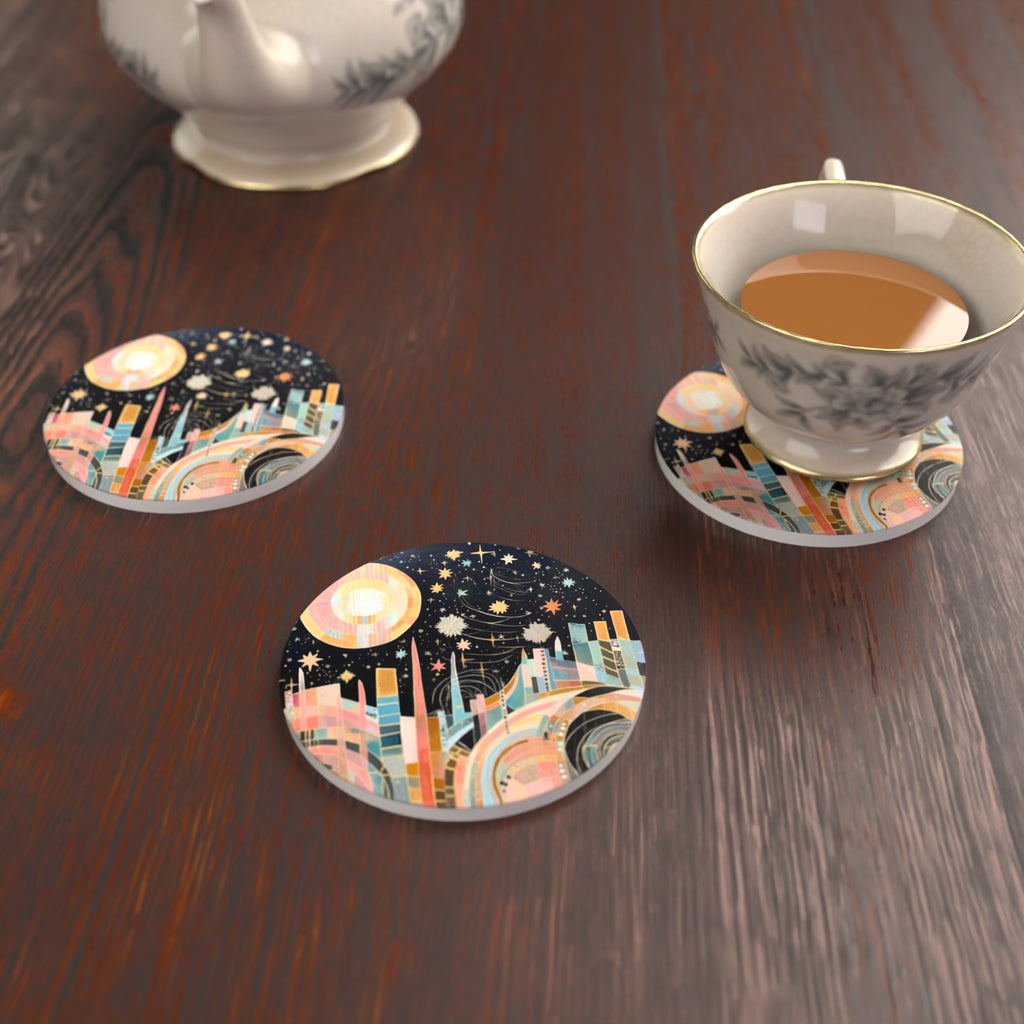 Celestial Pastel Skyline Round Ceramic Coasters – Set of 6 – lifestyle mockup with a teacup