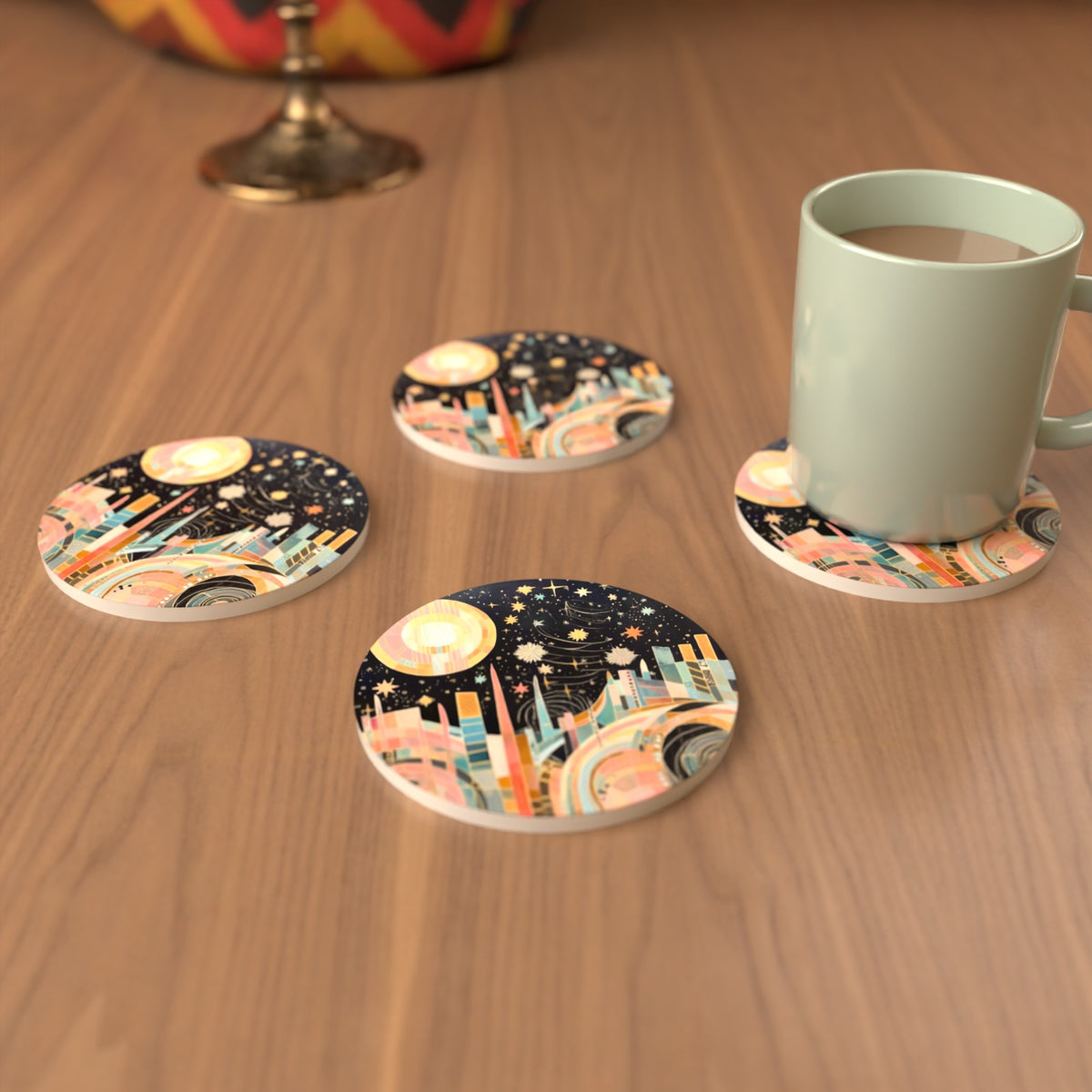 Celestial Pastel Skyline Round Ceramic Coasters – Set of 6 – cosy lifestyle mockup