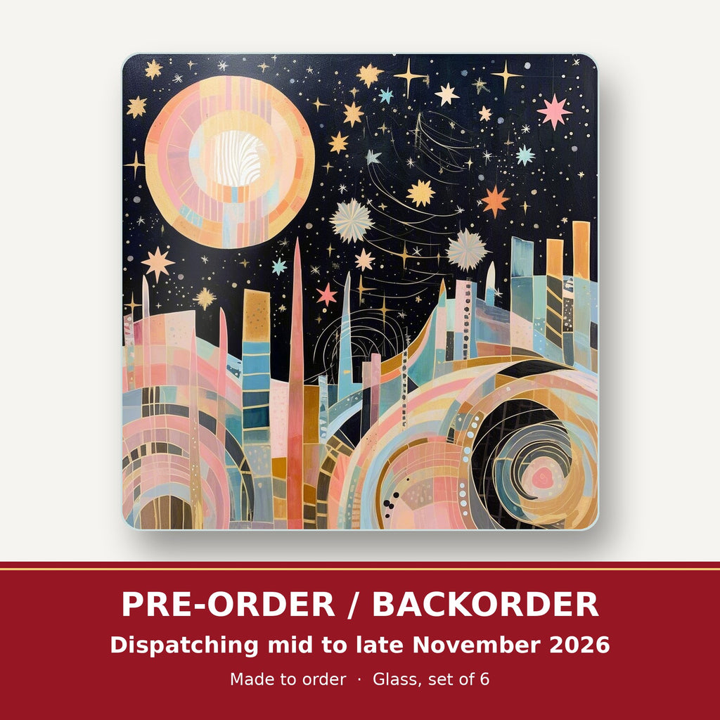 Celestial Pastel Skyline square glass coaster set of 6 – pre-order / backorder, dispatching mid to late November 2026