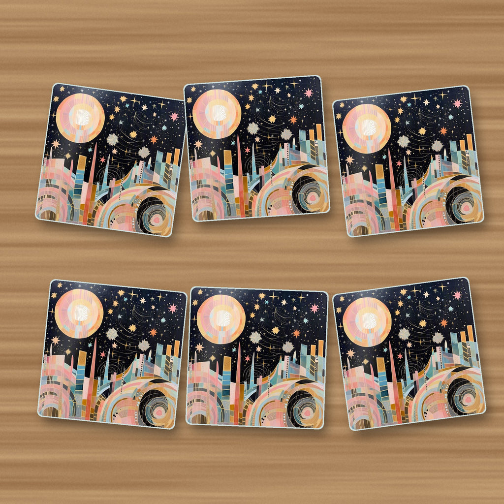 Celestial Pastel Skyline square glass coasters, set of 6, on an oak coffee table