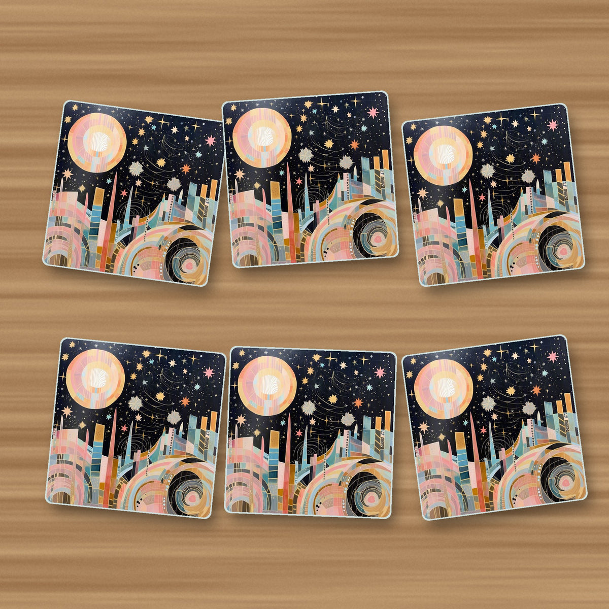 Celestial Pastel Skyline square glass coasters, set of 6, on an oak coffee table