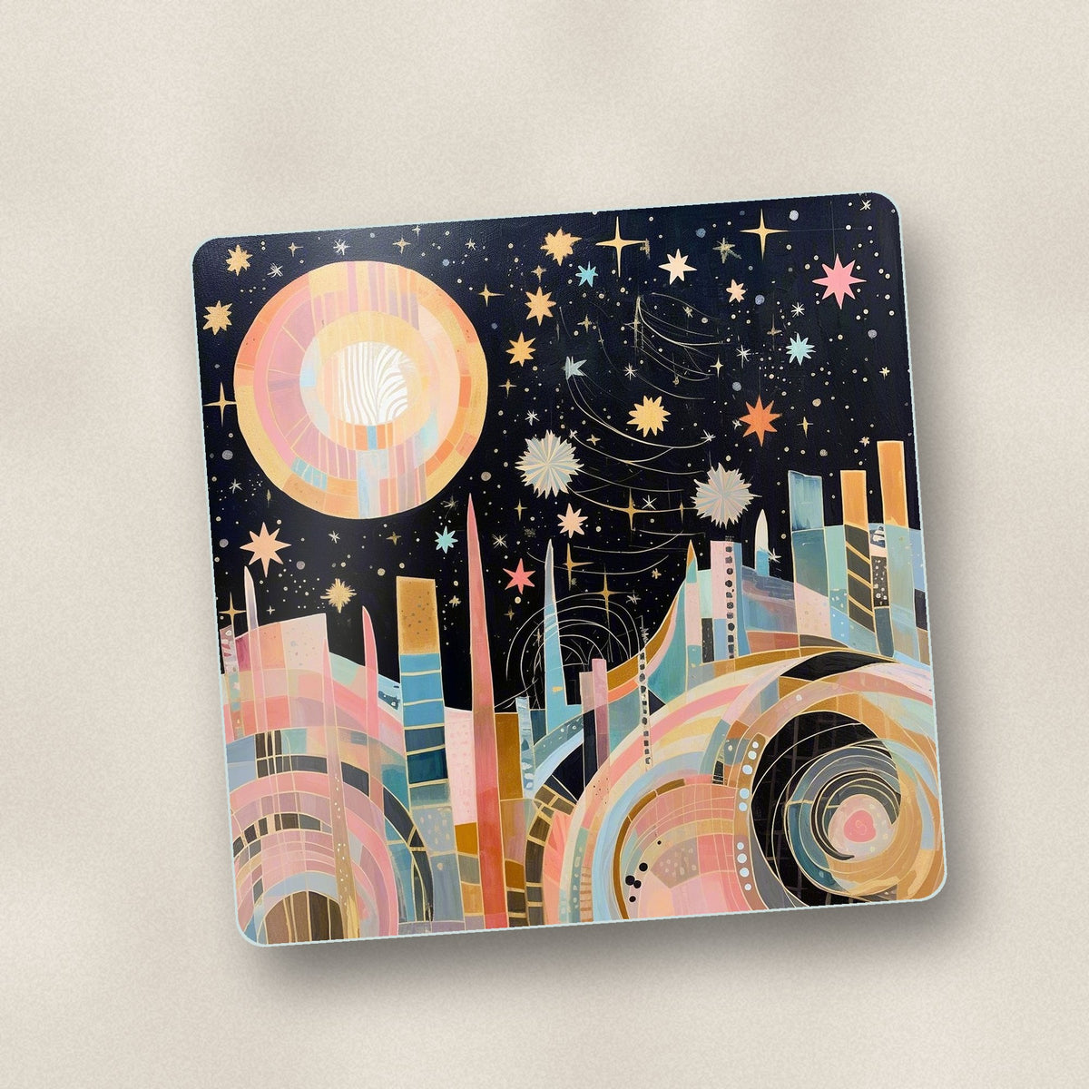 Close-up of one celestial pastel skyline square glass coaster, flat UV print