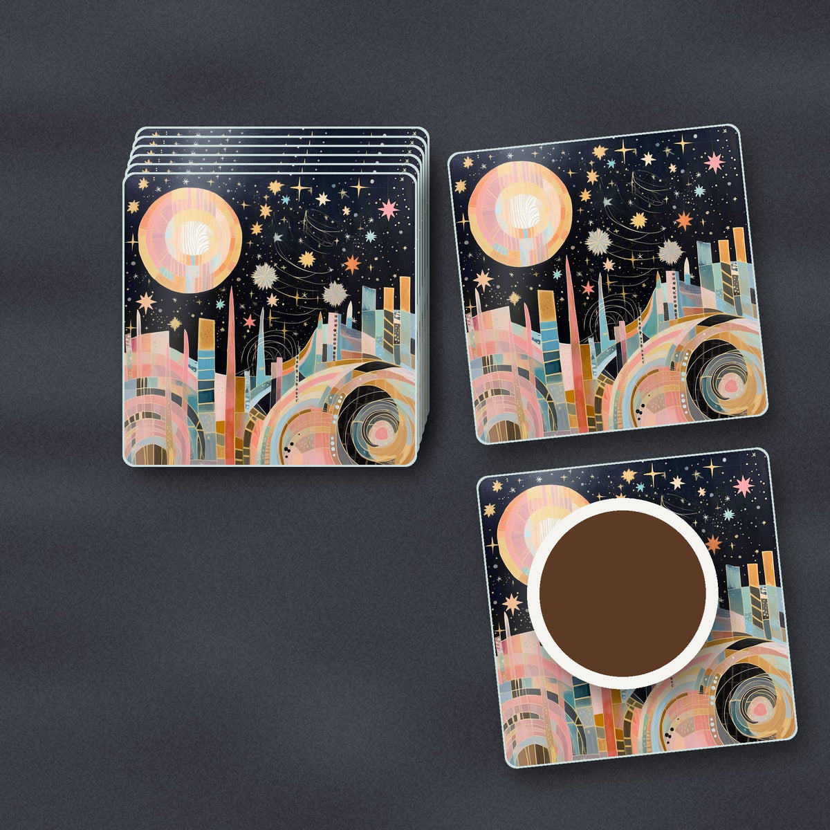 Celestial Pastel Skyline square glass coasters stacked on a slate kitchen worktop
