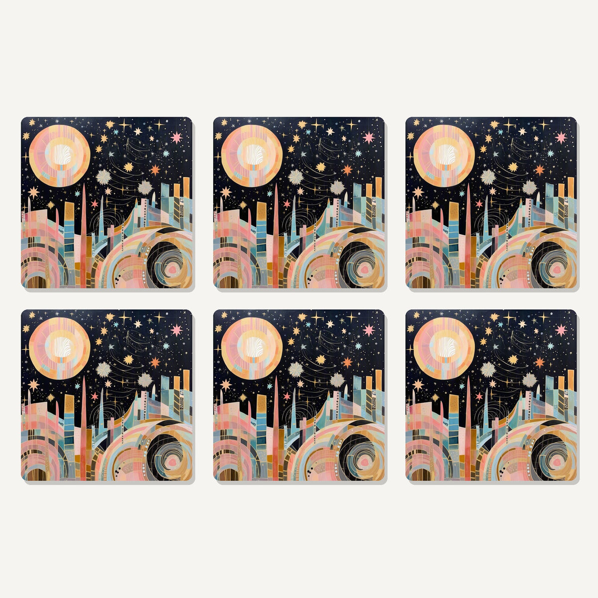 Flat lay of the celestial pastel skyline artwork on six square coasters