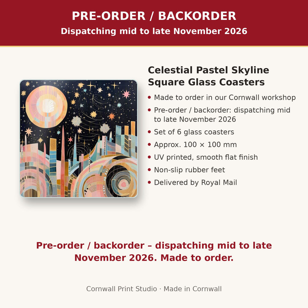 Info card: Celestial Pastel Skyline Square Glass Coasters – Set of 6, made to order, dispatching mid to late November 2026, delivered by Royal Mail