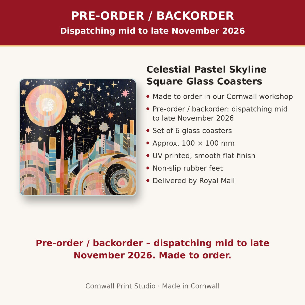 Info card: Celestial Pastel Skyline Square Glass Coasters – Set of 6, made to order, dispatching mid to late November 2026, delivered by Royal Mail