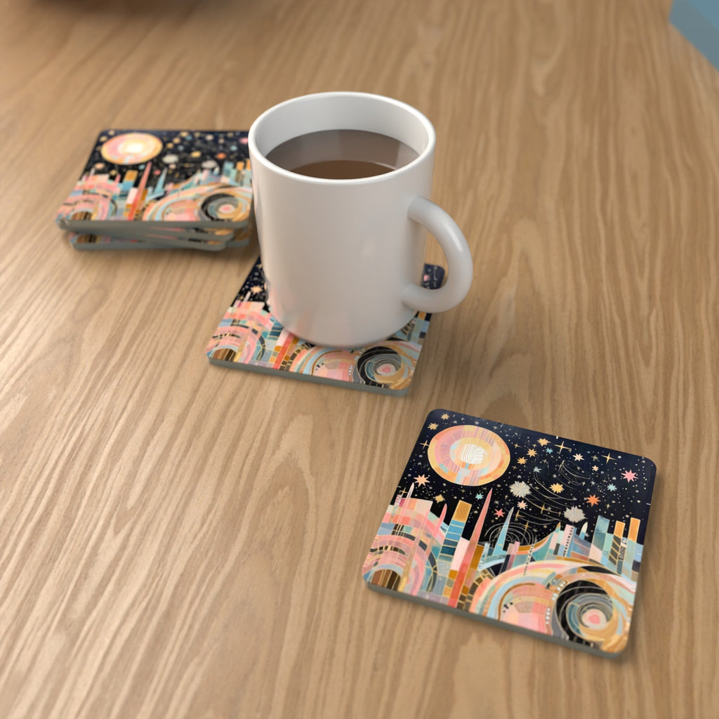 Celestial Pastel Skyline Square Glass Coasters – Set of 6 – lifestyle mockup with a mug of coffee