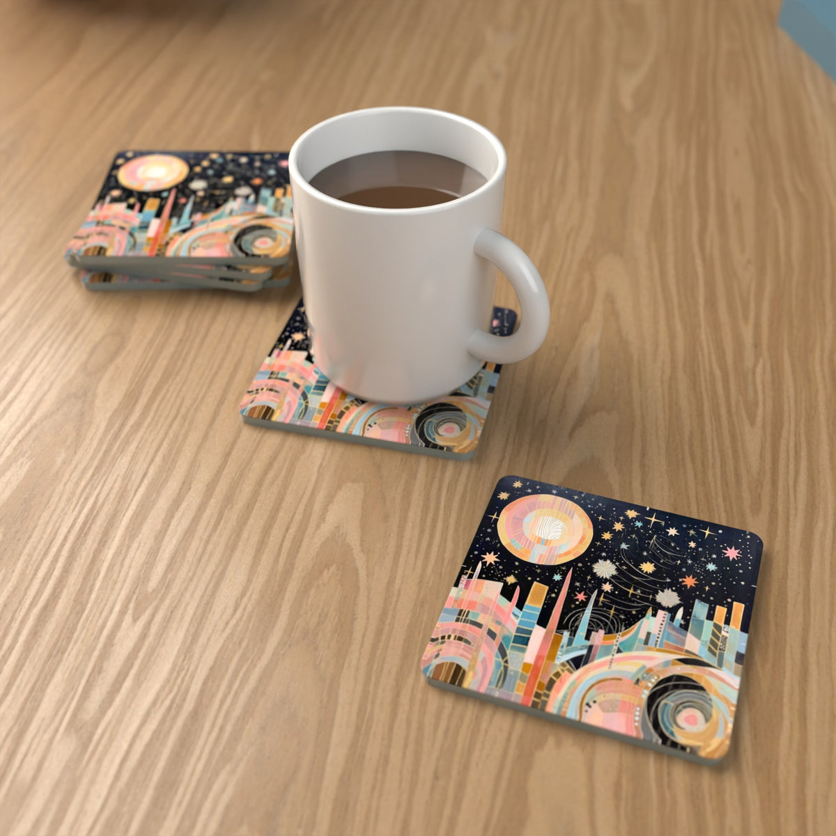 Celestial Pastel Skyline Square Glass Coasters – Set of 6 – lifestyle mockup with a mug of coffee