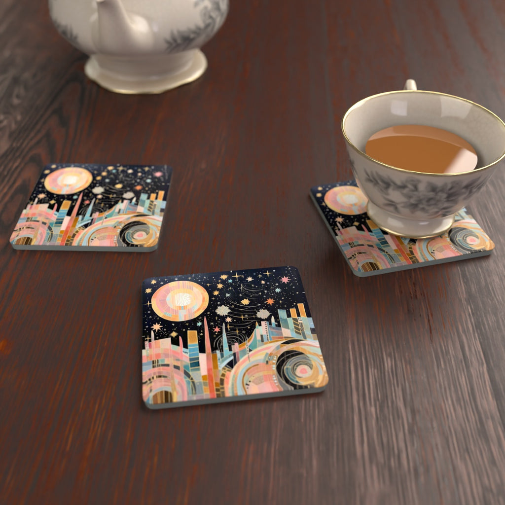 Celestial Pastel Skyline Square Glass Coasters – Set of 6 – lifestyle mockup with a teacup