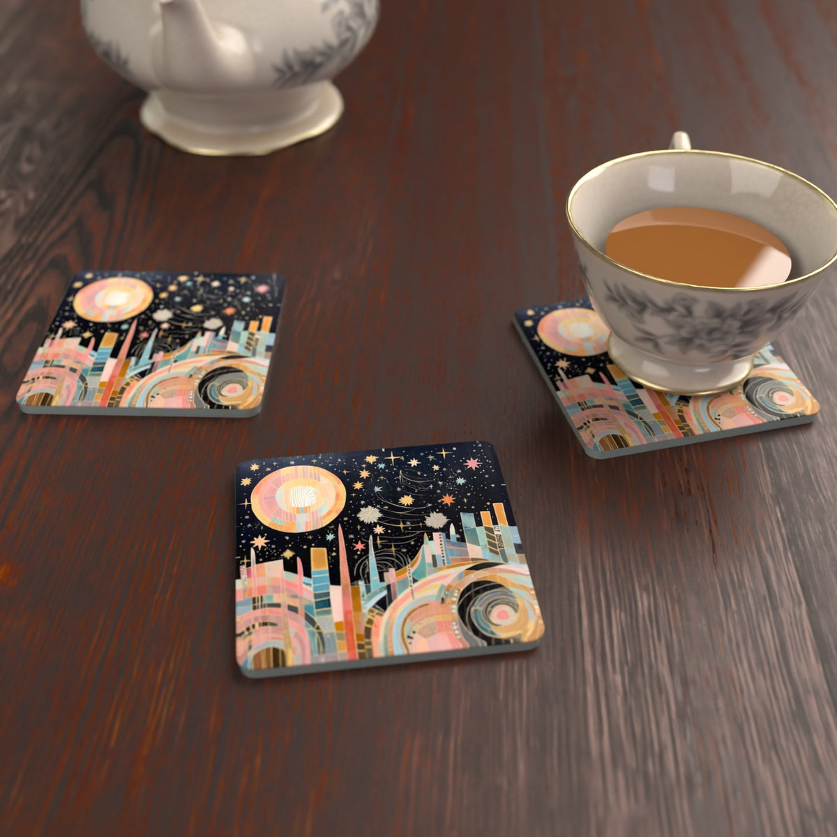 Celestial Pastel Skyline Square Glass Coasters – Set of 6 – lifestyle mockup with a teacup