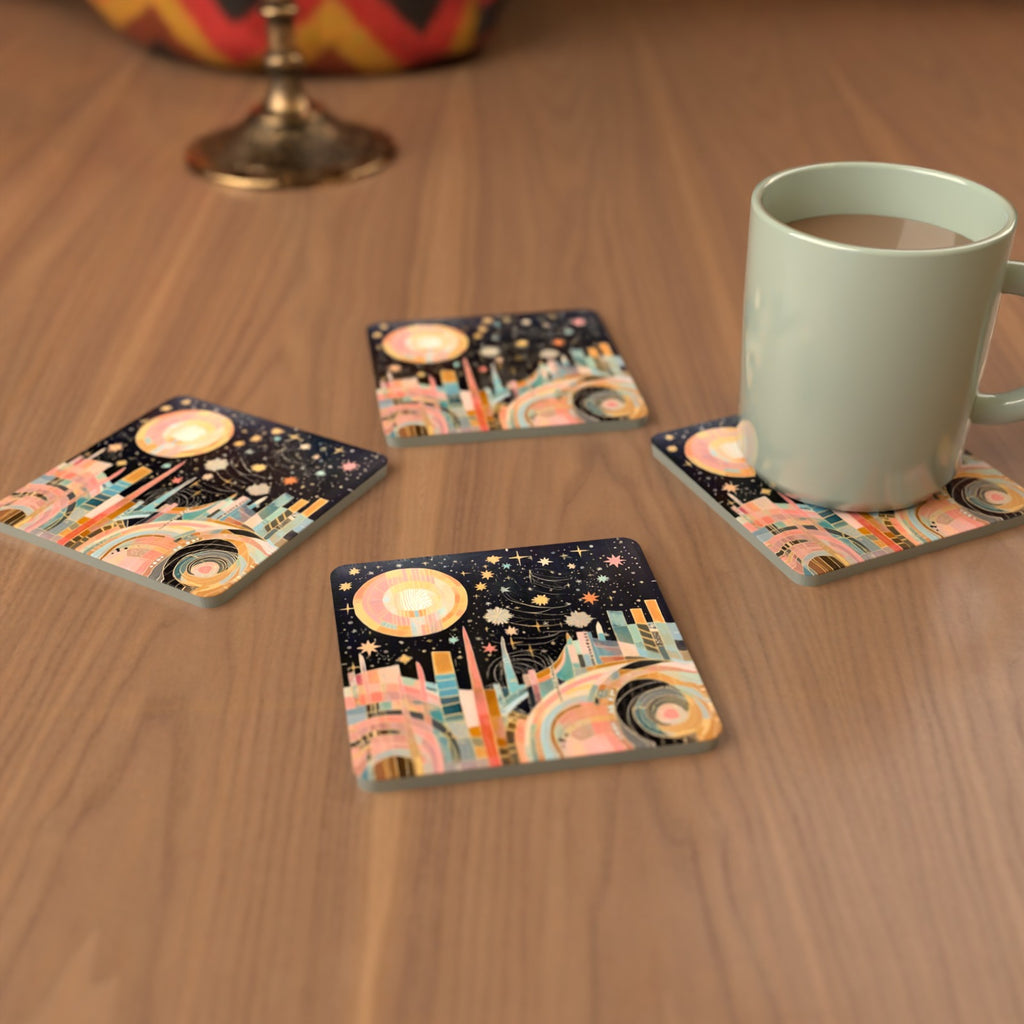 Celestial Pastel Skyline Square Glass Coasters – Set of 6 – cosy lifestyle mockup