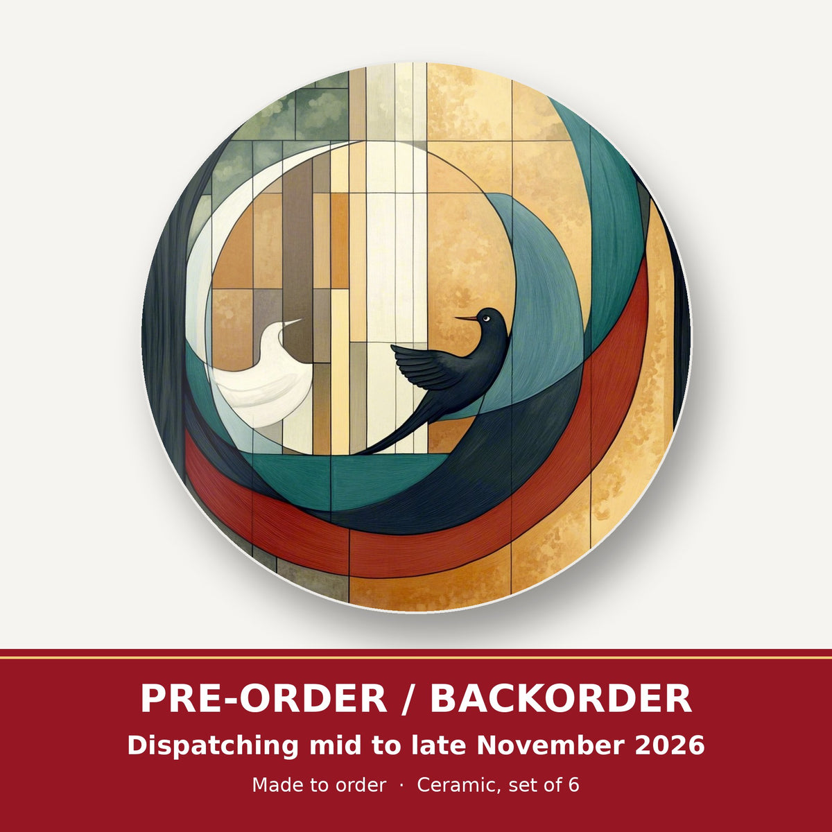 Geometric Moon & Birds round ceramic coaster set of 6 – pre-order / backorder, dispatching mid to late November 2026
