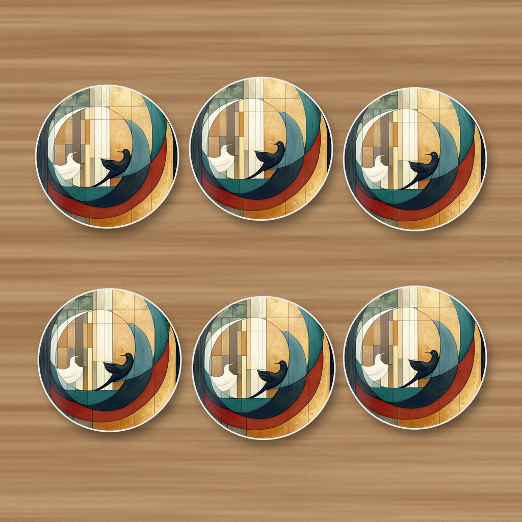 Geometric Moon & Birds round ceramic coasters, set of 6, on an oak coffee table