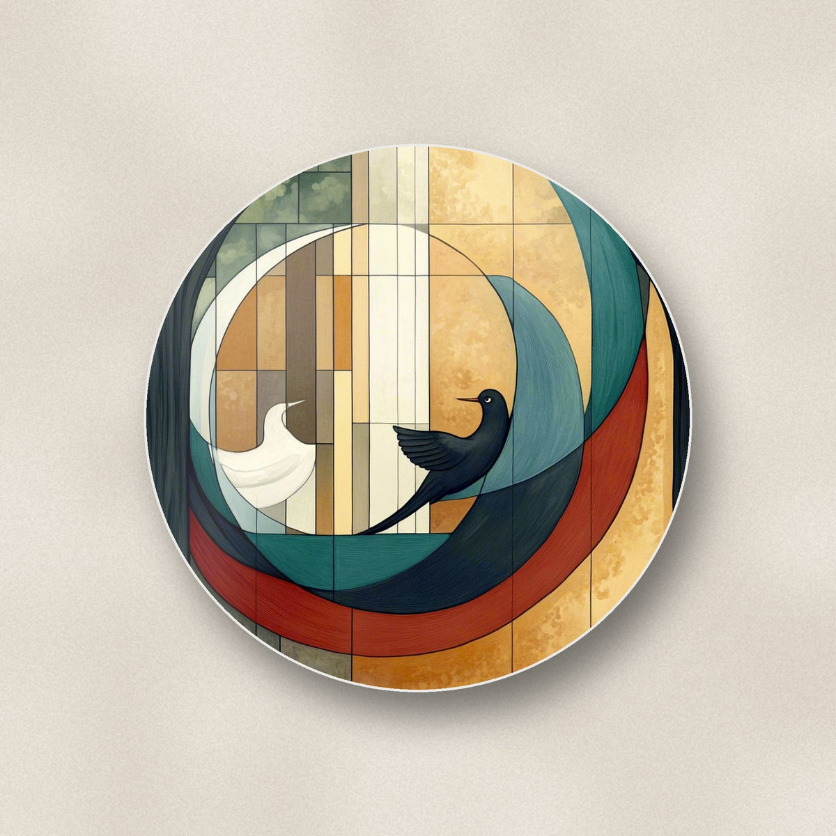 Close-up of one geometric moon & birds round ceramic coaster, flat UV print