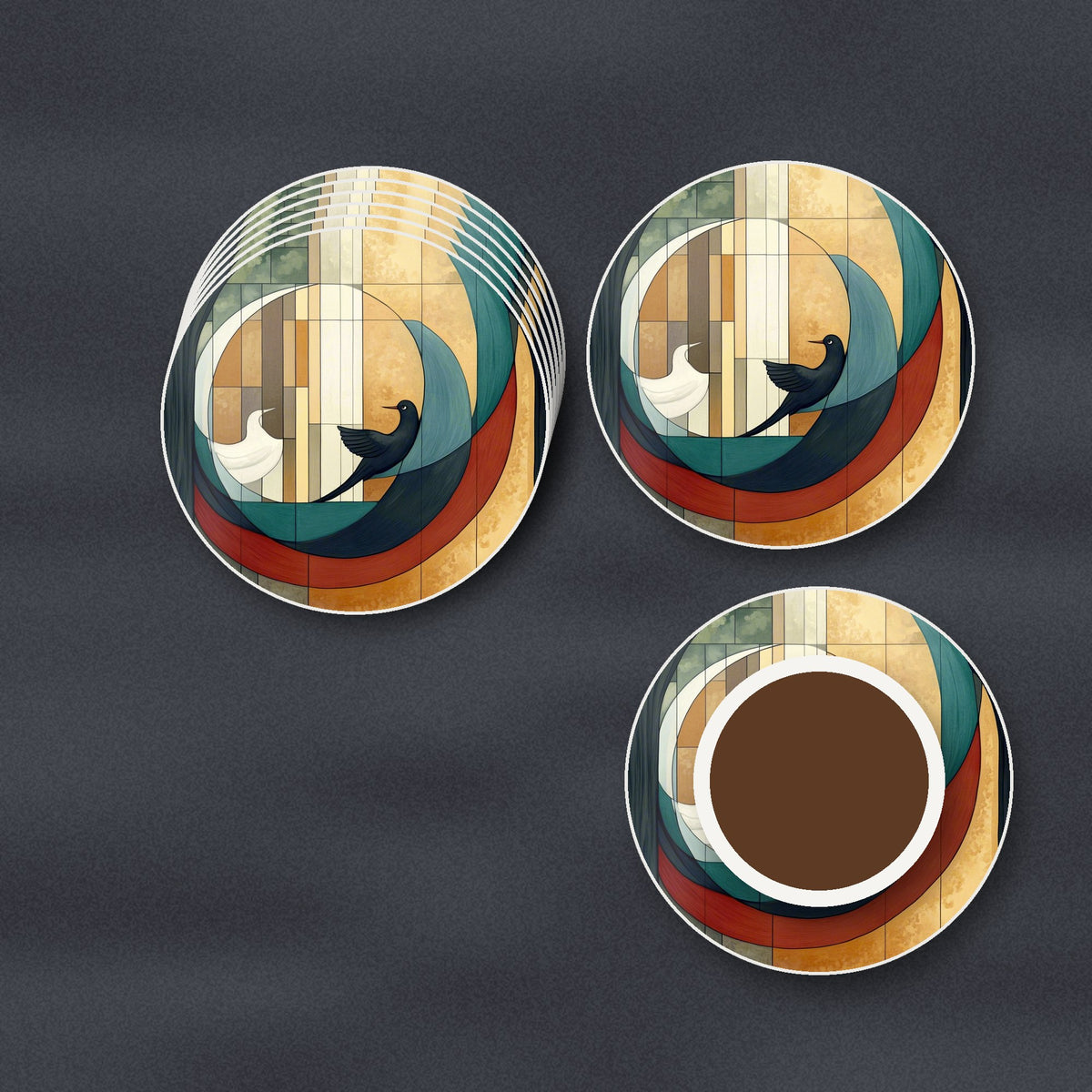 Geometric Moon & Birds round ceramic coasters stacked on a slate kitchen worktop