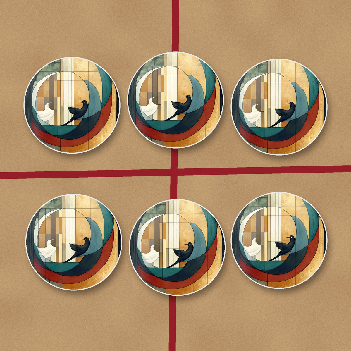 Geometric Moon & Birds round ceramic coasters on kraft gift wrap