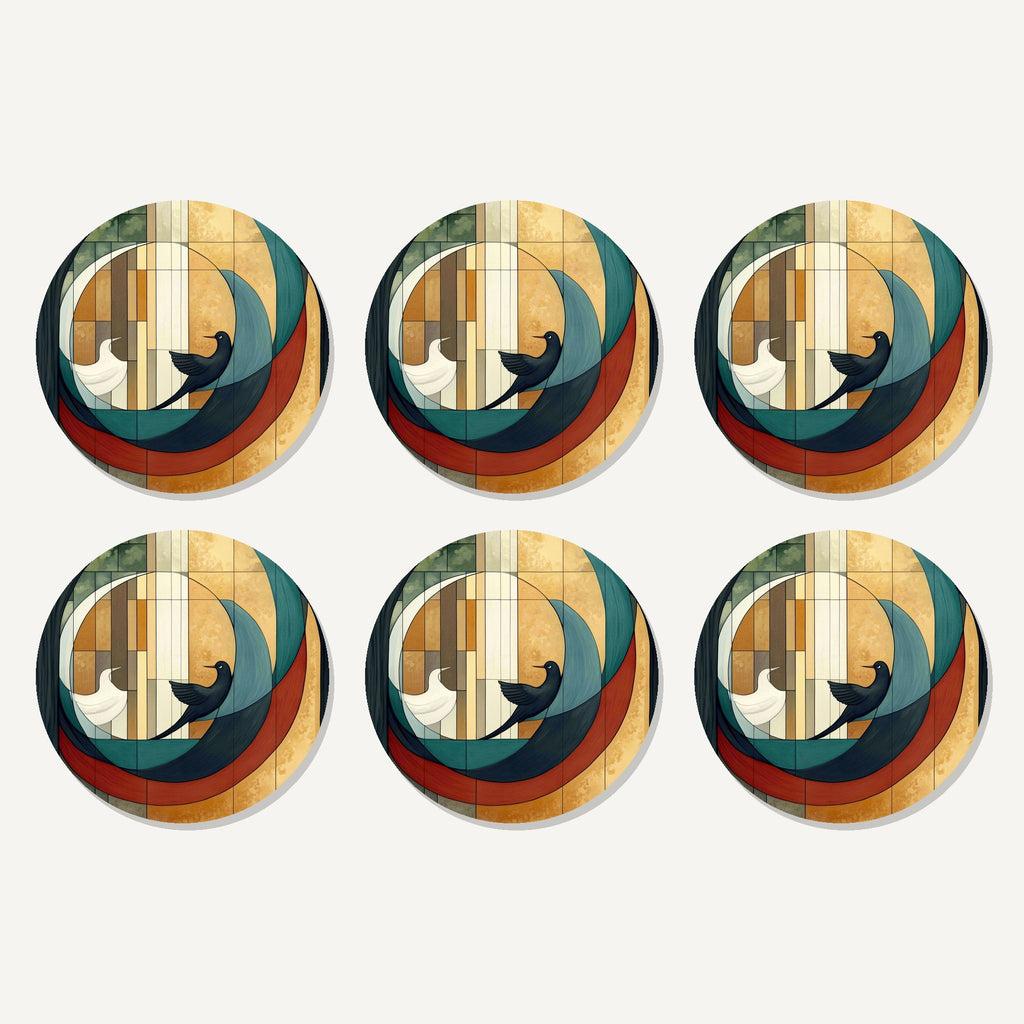 Flat lay of the geometric moon & birds artwork on six round coasters