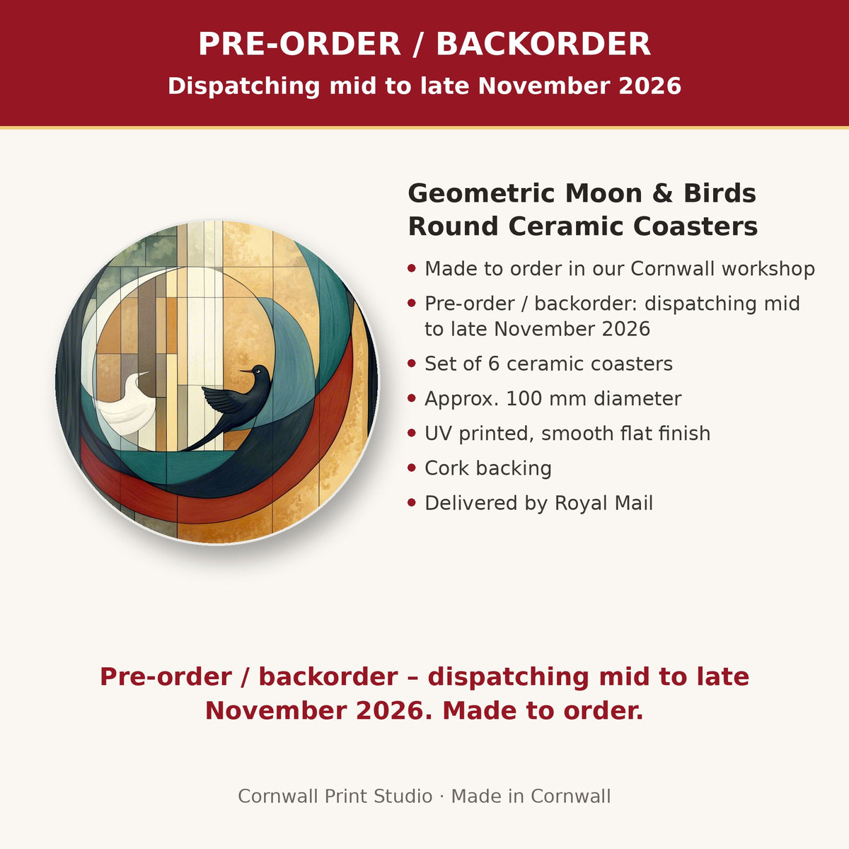 Info card: Geometric Moon & Birds Round Ceramic Coasters – Set of 6, made to order, dispatching mid to late November 2026, delivered by Royal Mail