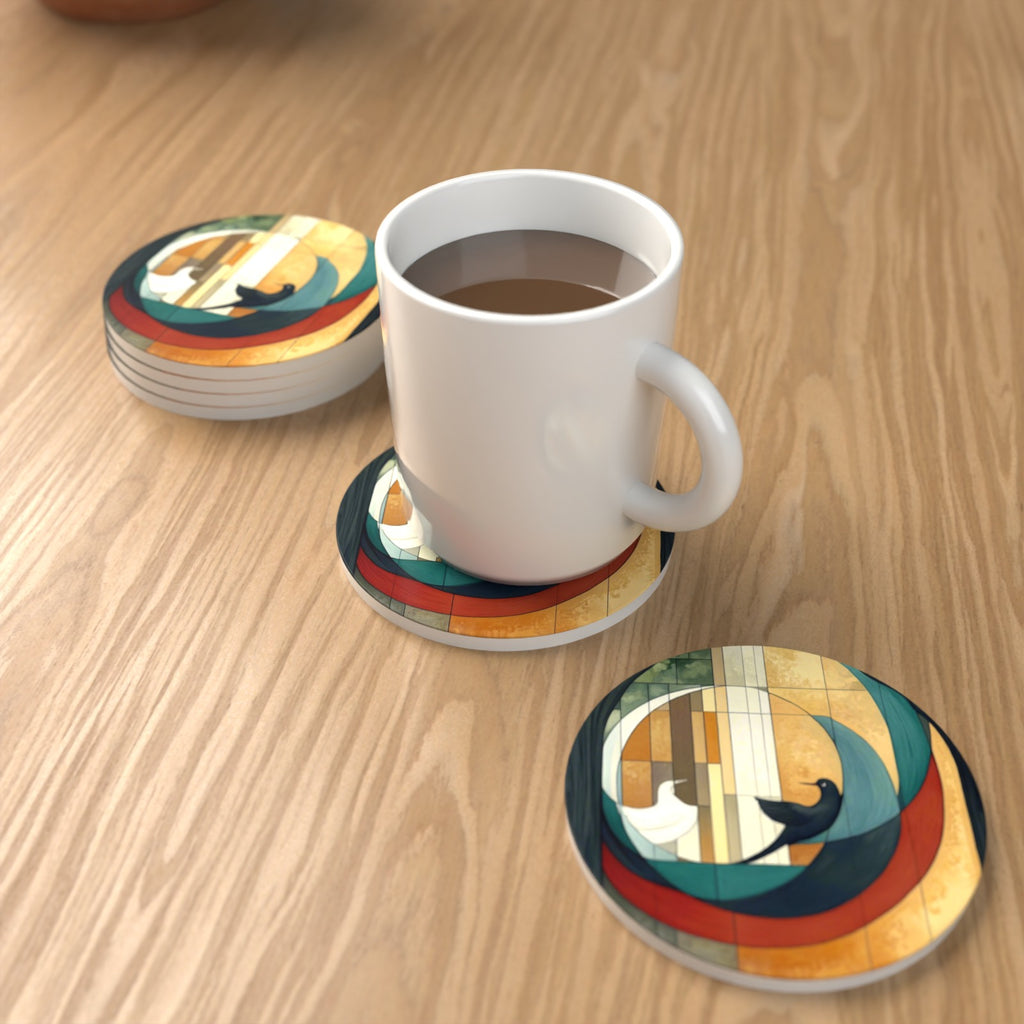Geometric Moon & Birds Round Ceramic Coasters – Set of 6 – lifestyle mockup with a mug of coffee