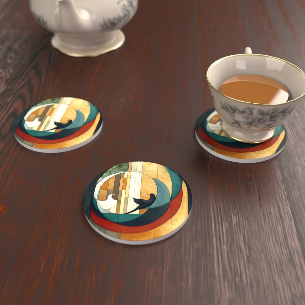Geometric Moon & Birds Round Ceramic Coasters – Set of 6 – lifestyle mockup with a teacup