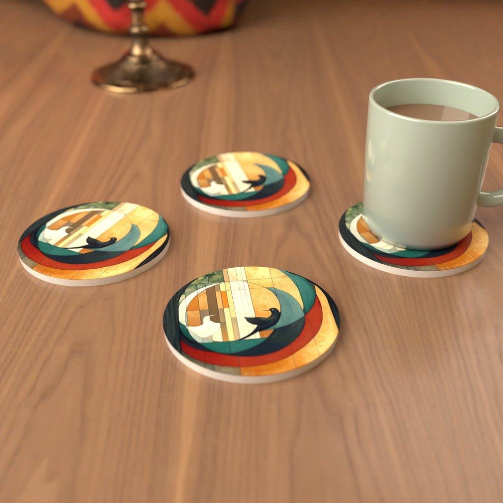 Geometric Moon & Birds Round Ceramic Coasters – Set of 6 – cosy lifestyle mockup