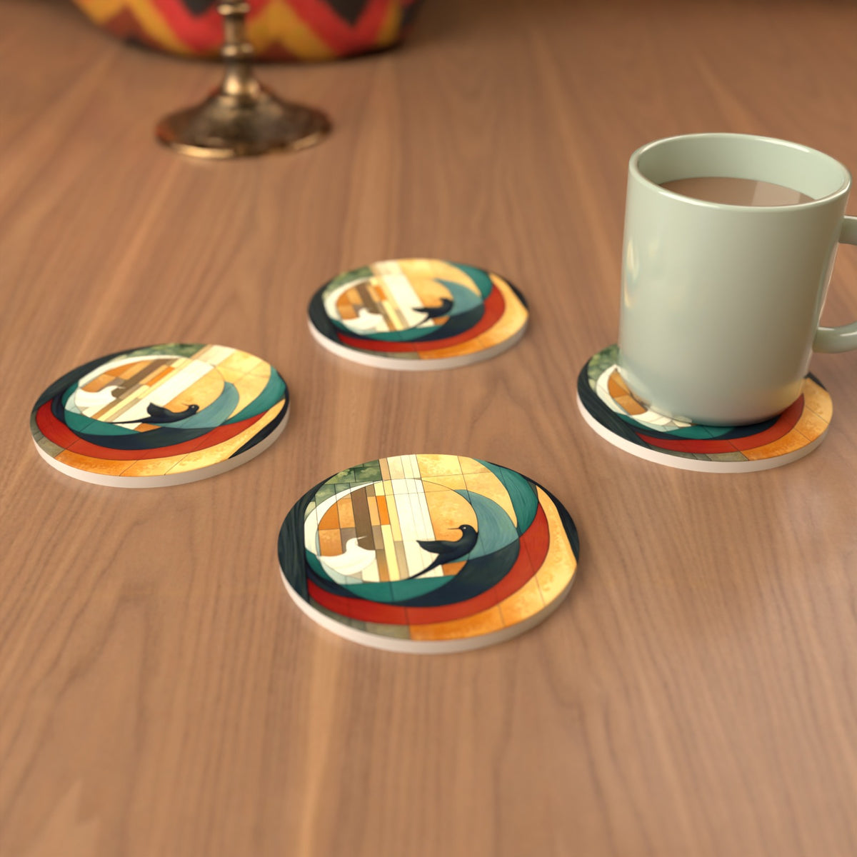 Geometric Moon & Birds Round Ceramic Coasters – Set of 6 – cosy lifestyle mockup